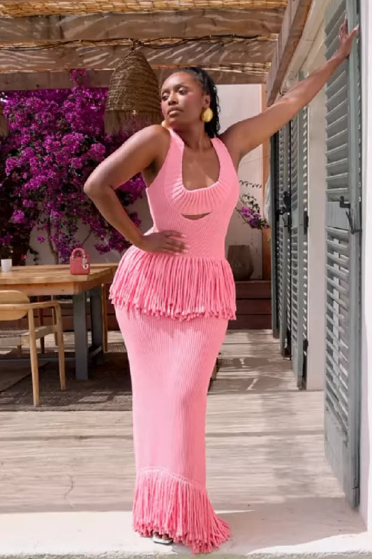 Women Sexy See Through Knitted Maxi Dress Hollow Out Deep Neck Pot Robes Tassel Hem Fork Party Vestidos 2025 New Lady Club Dress