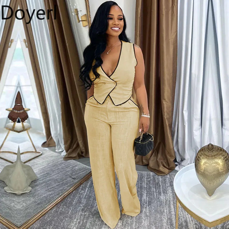Doyerl Vintage Elegant 2 Piece Sets Woman Outfit Workwear Patchwork Double-breasted Vest Top and Wide Leg Pants Matching Sets