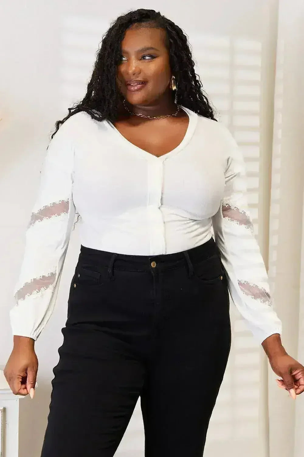 Off White V-Neck Dropped Shoulder Blouse - Versatile Top | Femstylo
