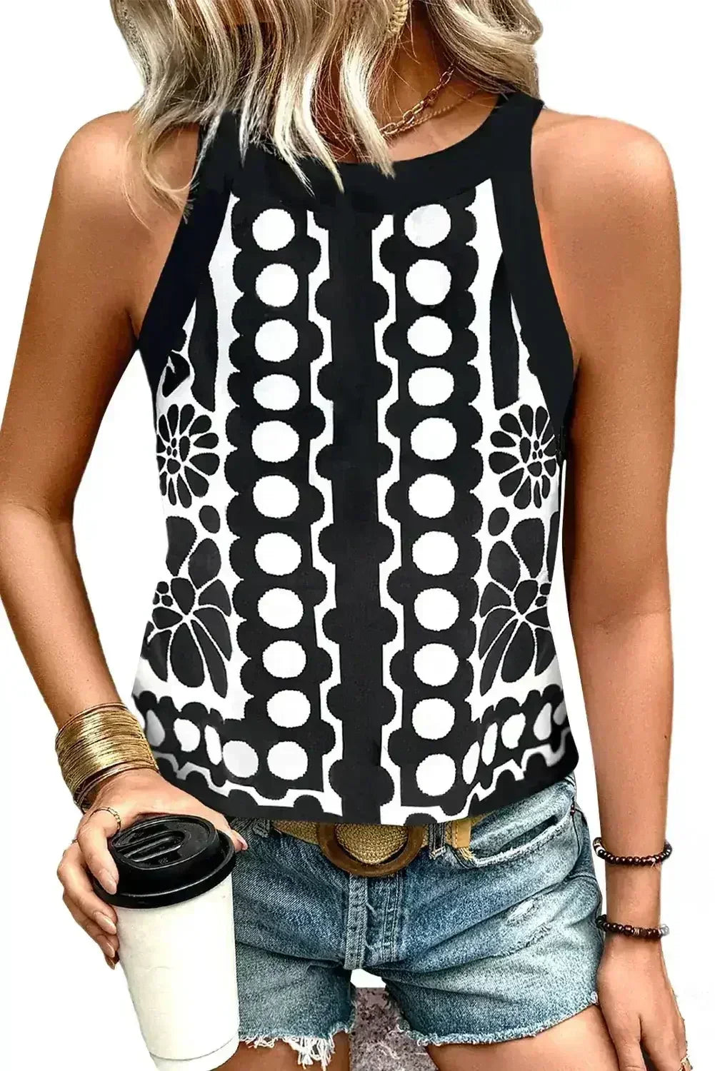 Black Geometric Print Sleeveless Top
