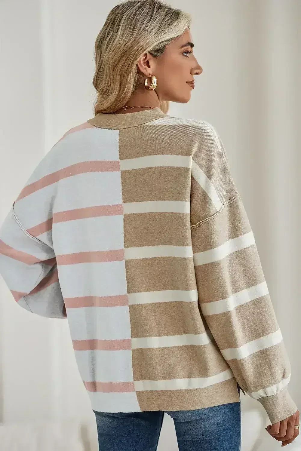 Pink Striped Patchwork Drop Shoulder Sweater