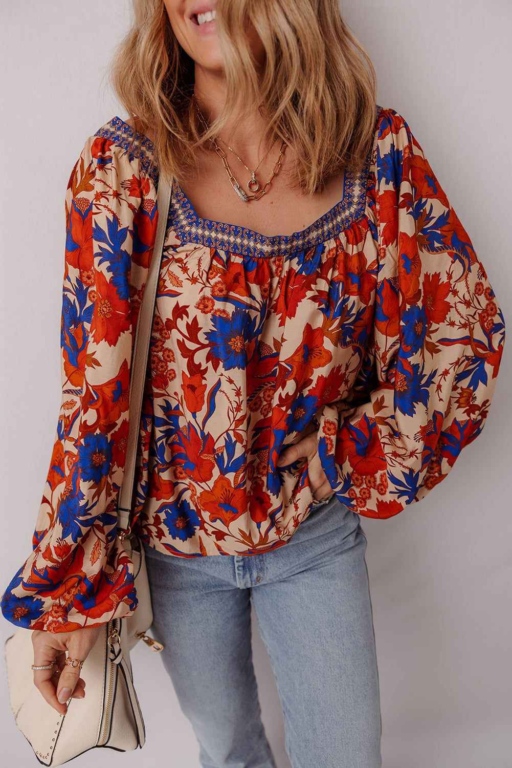 Adeline Floral Print Square Neck Backless Loose Fit Blouse