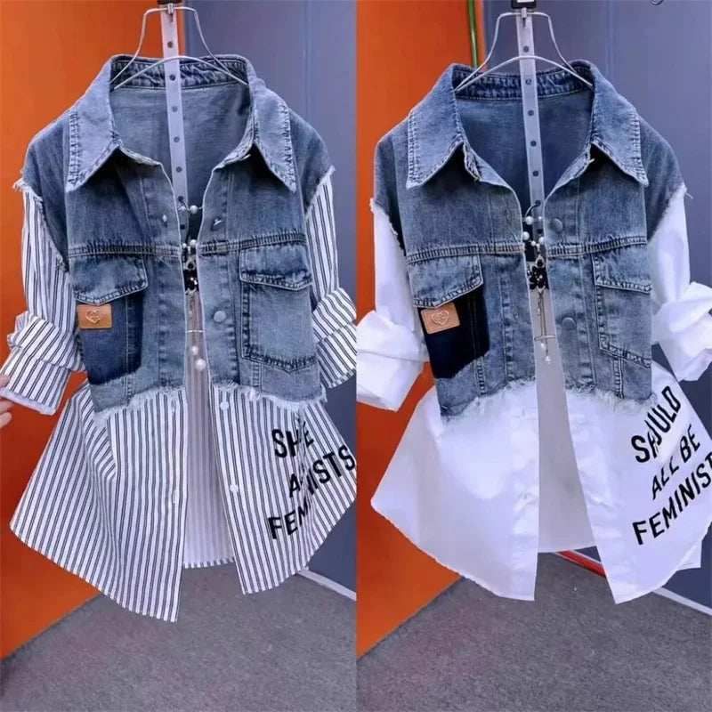 Women Denim Jacket Fake Two Denim Shirts 2025 New Spring Summer Autumn Casual Fashion Joker Stitching Striped Tops Coat Female