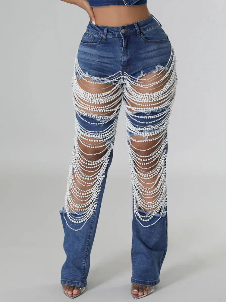Pantalon en jean déchiré pour femme, coupe slim, effet usé, avec perles et strass, style années 2000, idéal pour les soirées en boîte de nuit 