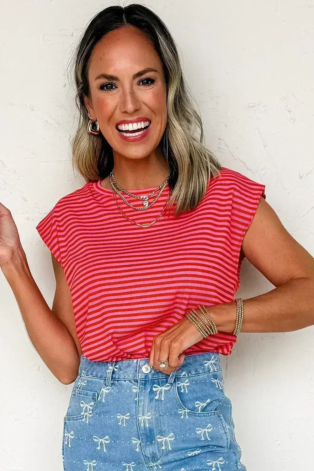 Black Stripe Ribbed Cap Sleeve Round Neck T Shirt