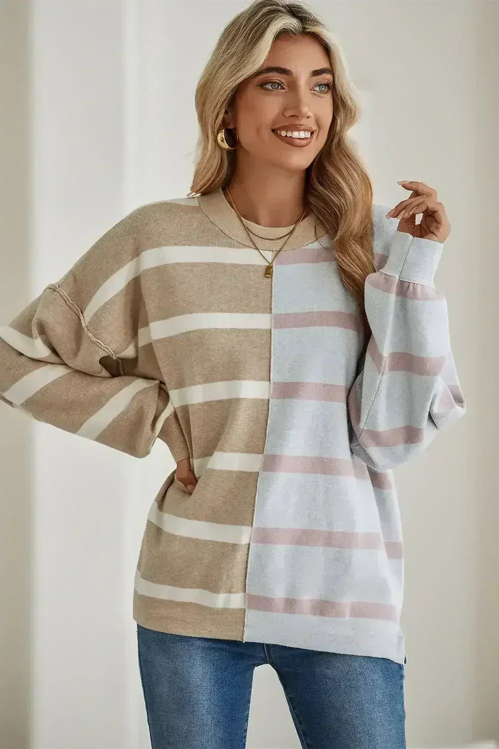 Pink Striped Patchwork Drop Shoulder Sweater