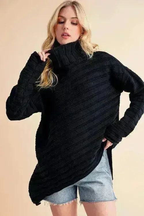 Asymmetrical Turtleneck Sweater - Side Slit Cotton Pullover | Femstylo