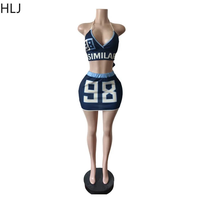 HLJ Blue Sexy Y2K Letter Printing Mini Skirts Two Piece Sets Women Halter V Neck Bangage Slim Crop Top And Skirts Outfits 2025