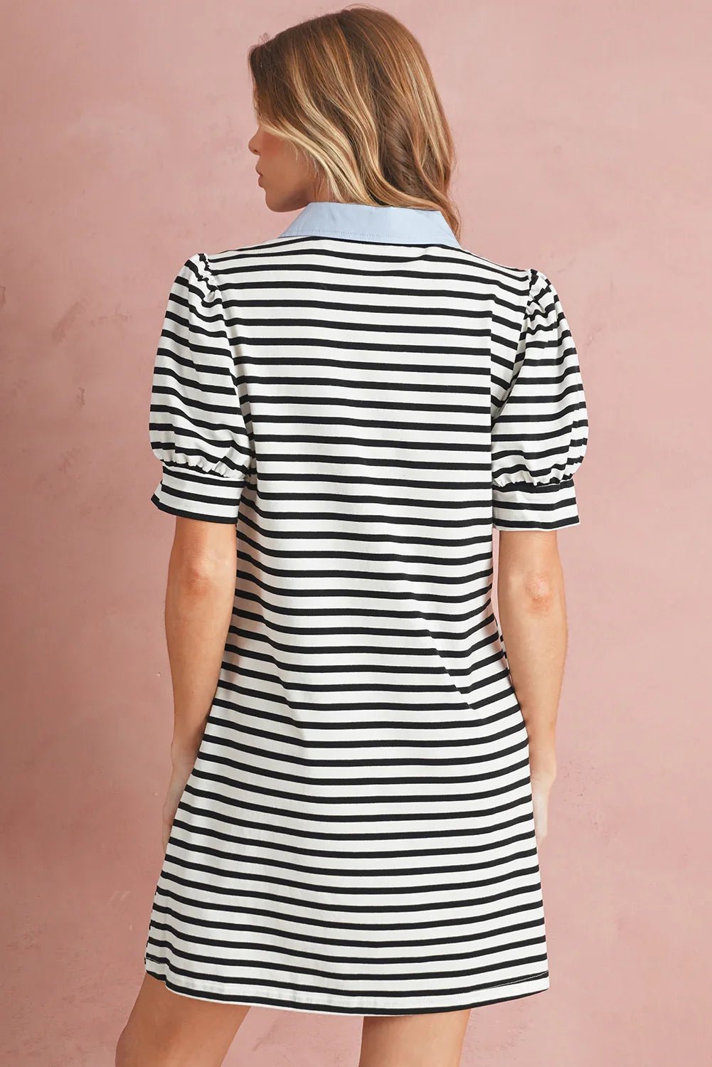Black Stripe Collared Puff Sleeve Pocketed Mini Dress