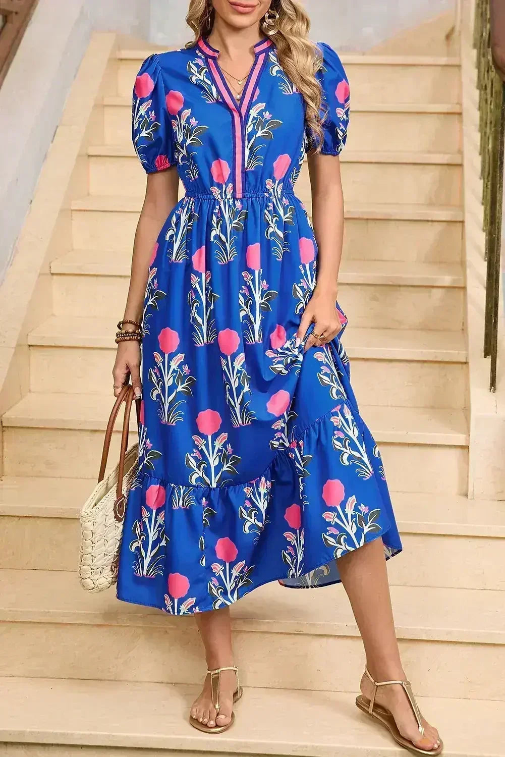 Blue Floral Ruffle Hem Pop of Color Neckline Dress