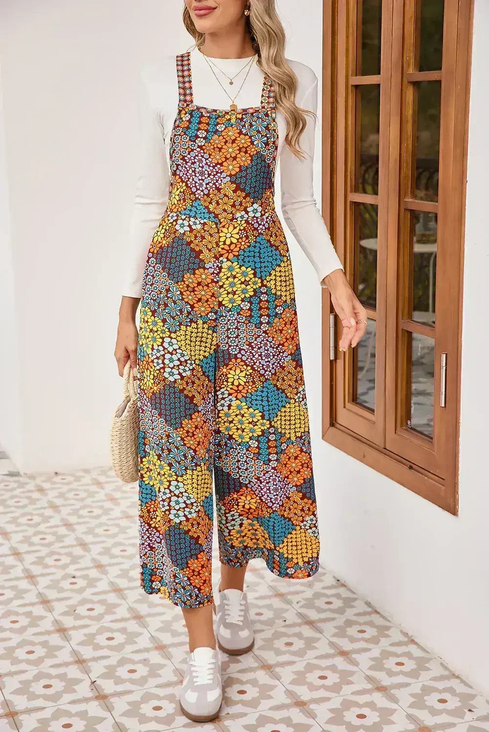 Multicolour Boho Floral Print Cropped Wide Leg Overalls