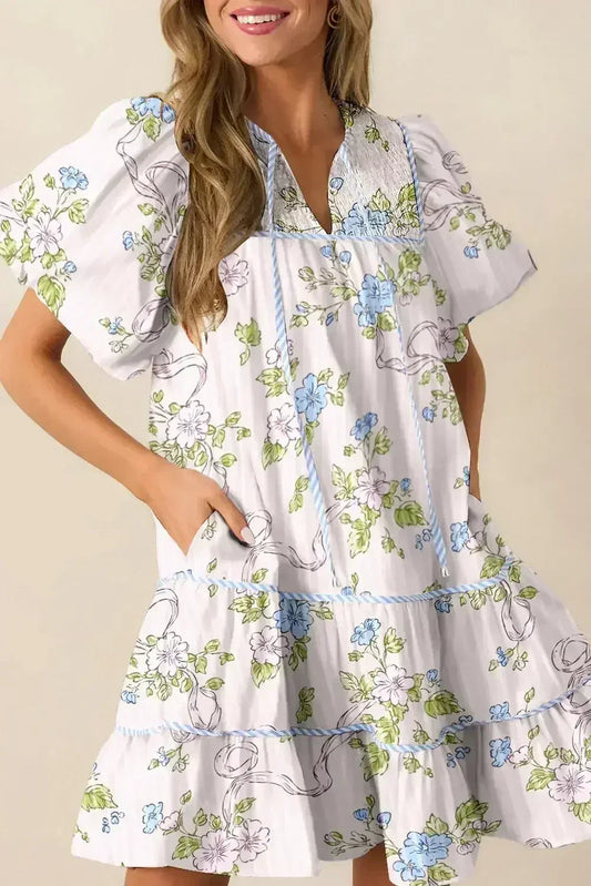 Pink Floral Striped Print Contrast Trim Tie Split Neck Mini Dress