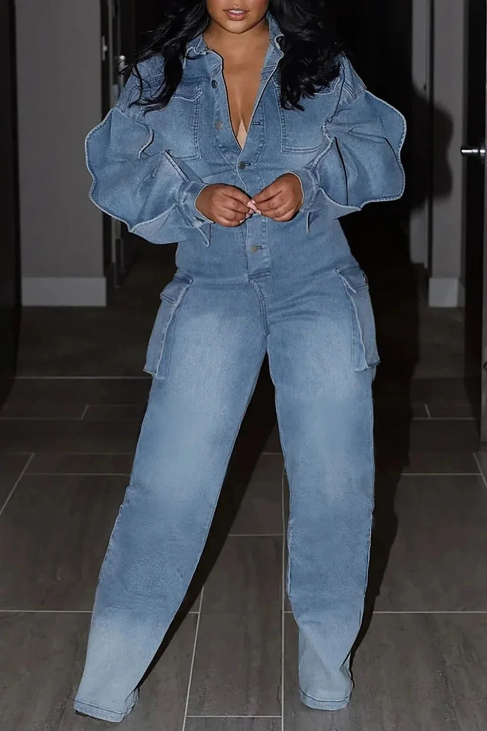 Combinaison cargo en jean pour femme, manches bouffantes, fermeture éclair, manches lanternes, style Harajuku, grande taille, poches décontractées, salopette 