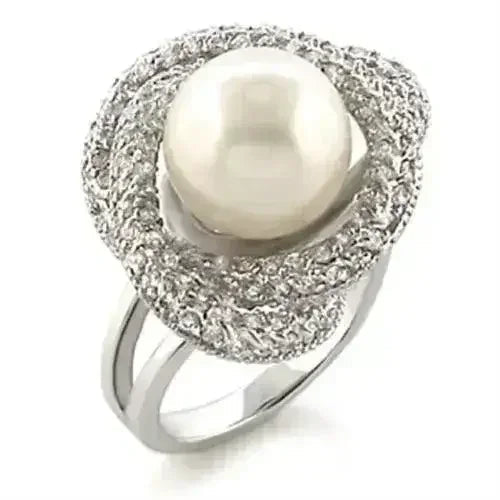 9W005 Rhodium Brass Ring – Synthetic White Pearl Elegance