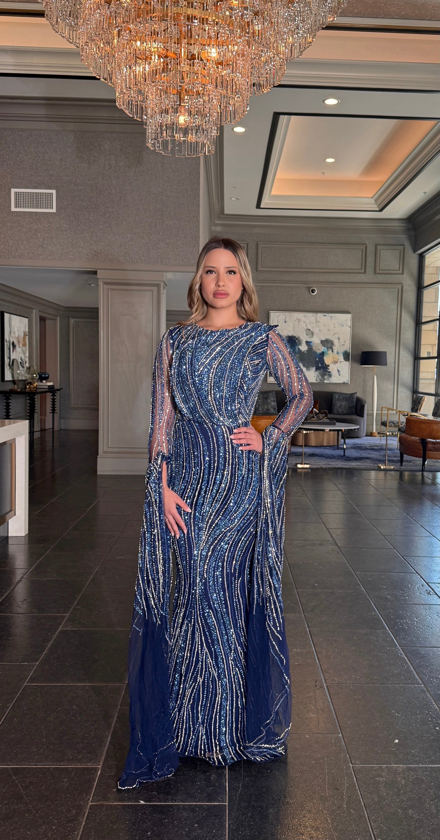 Asman Embellished Dramatic  Cape Long Sleeve Modest Evening Dress