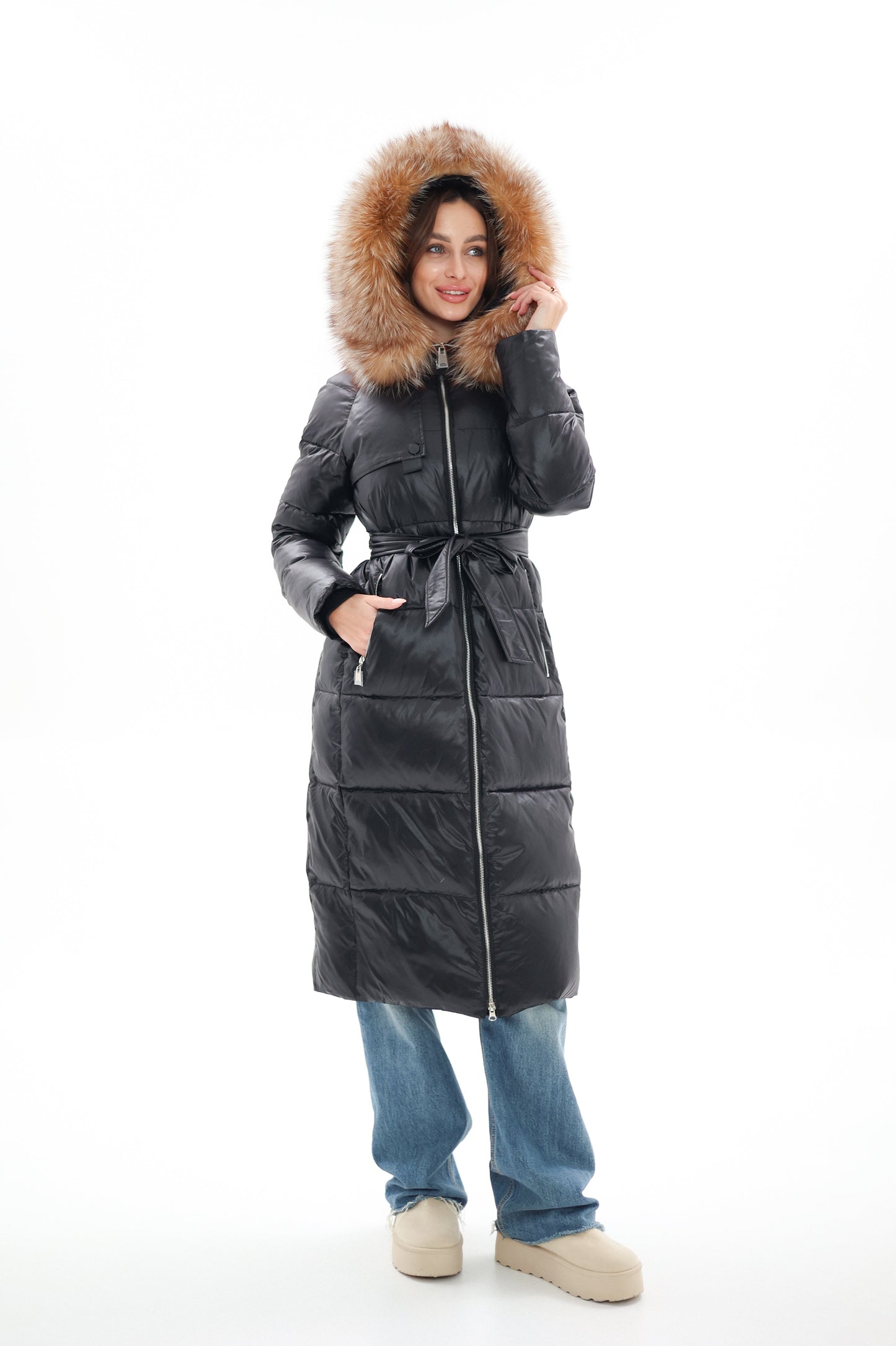 Genuine Silver Fox Fur Alternative Down Fill Coat