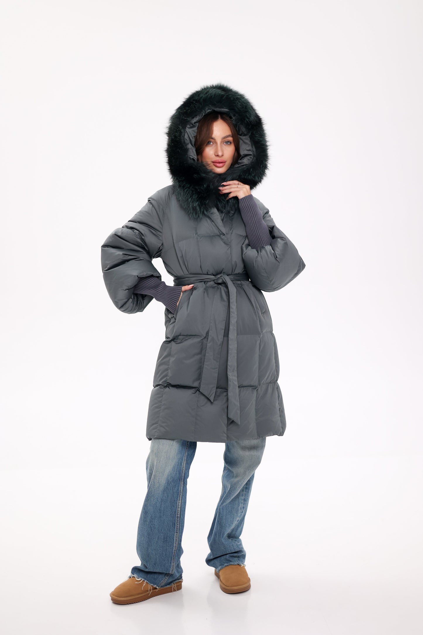 Genuine Silver Fox Fur Trim Down Coat in Forest Slate