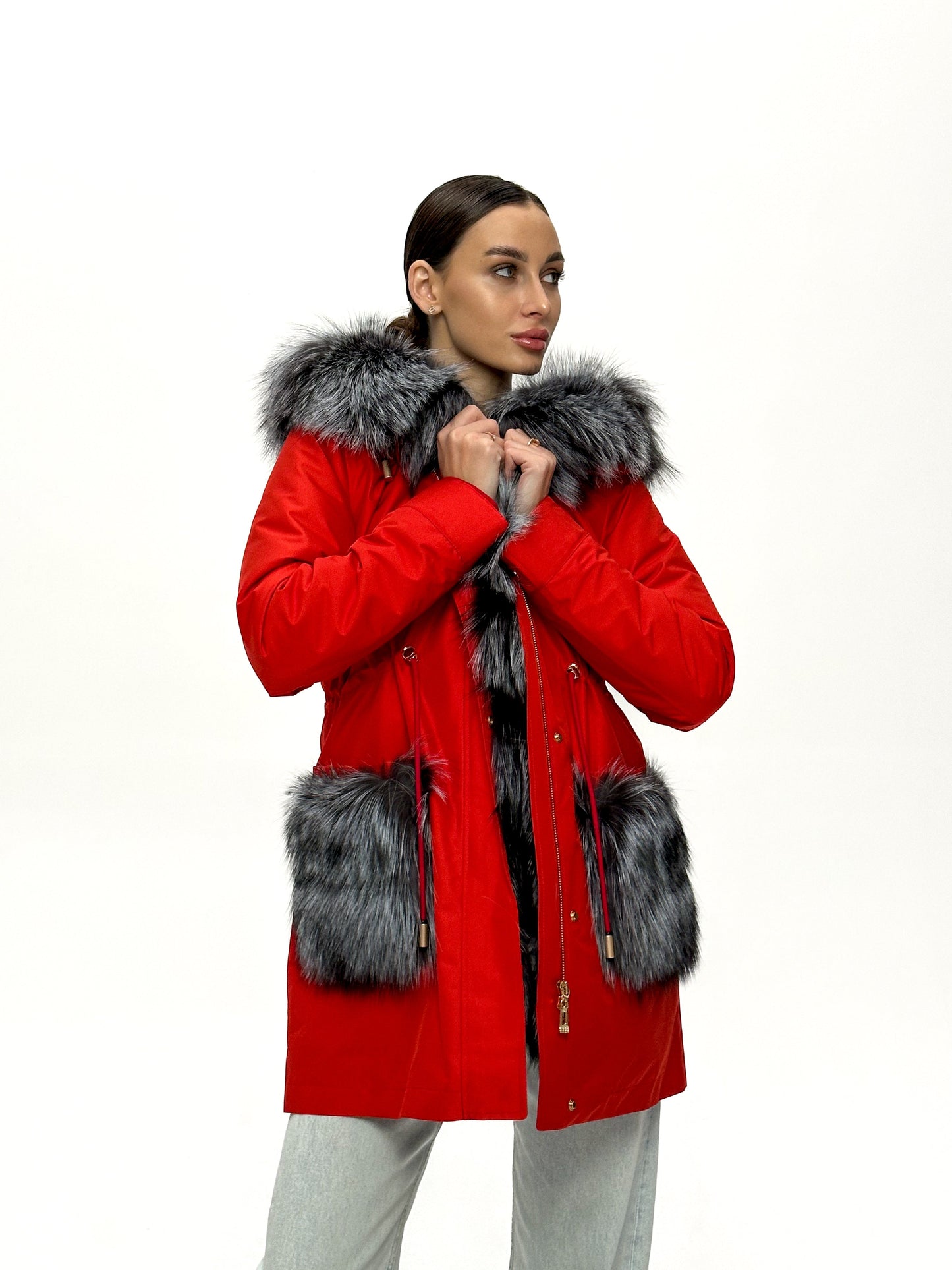 Genuine Silver Fox Fur Rabbit Fur Insulated Parka