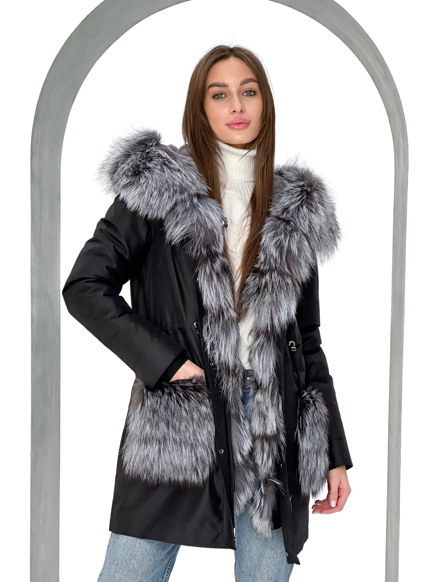 Genuine Silver Fox Fur Rabbit Fur Insulated Parka