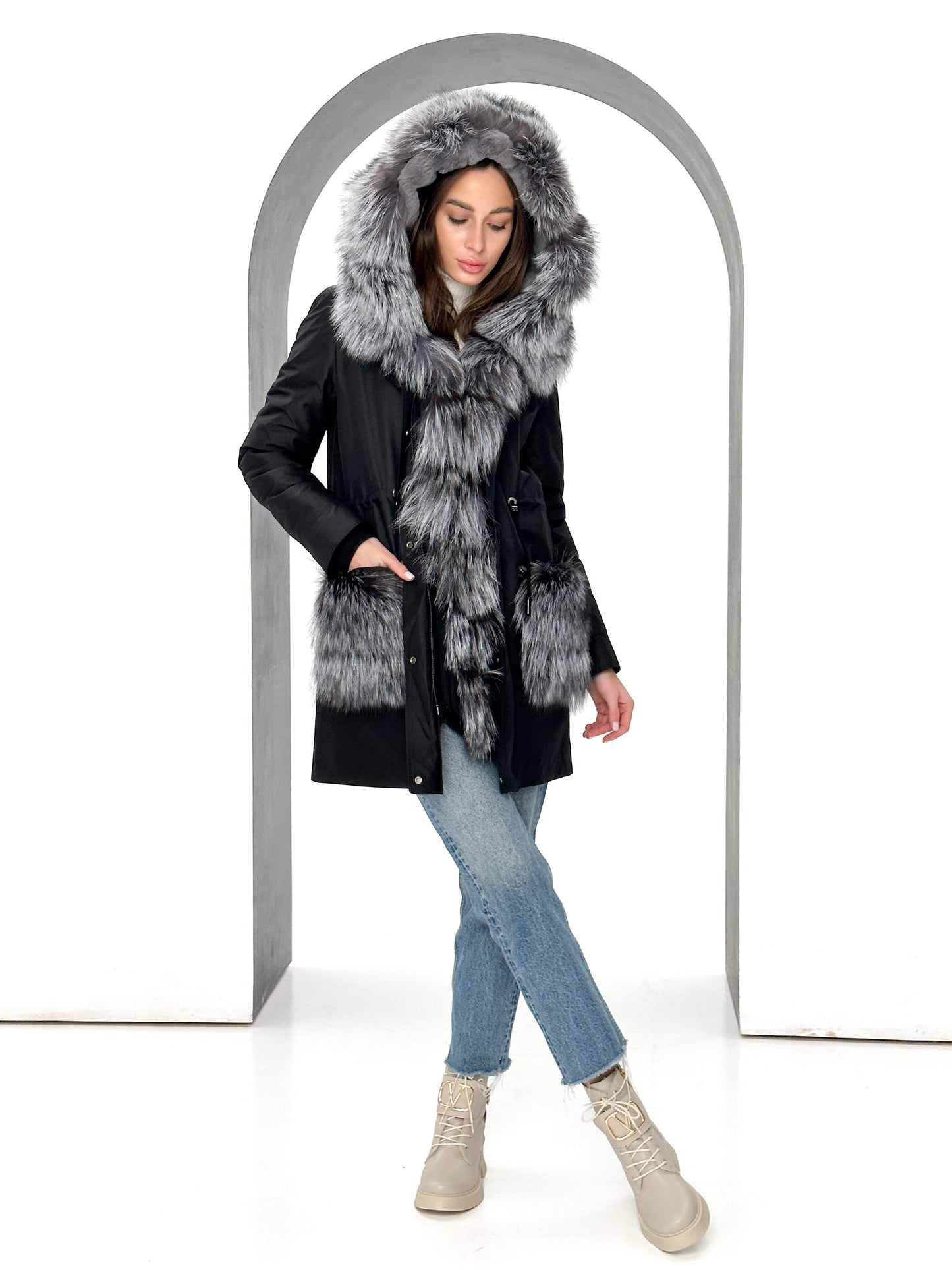 Roma Genuine Silver Fox Fur Rabbit Fur Insulated Parka in Red