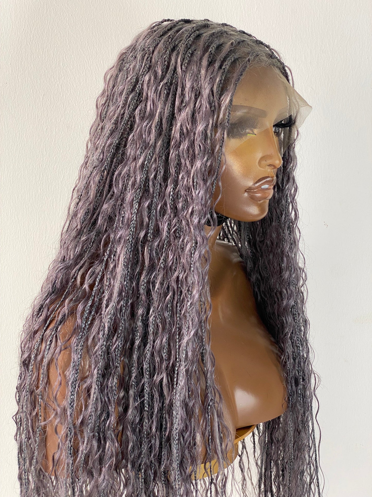 100% Human Hair Bohemian Knotless Braid Wig, Gray Color, Waist Length - (TARA GERY)