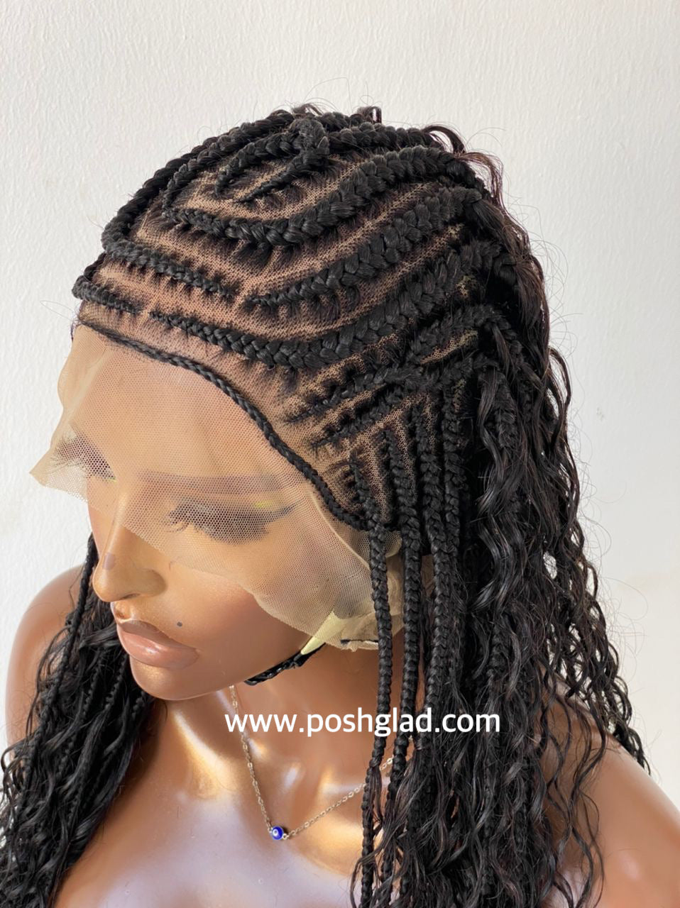 French Braid Bohemian Cornrow Wig, 100% Human Hair, Full Lace, Black Color - Dash (Tara)