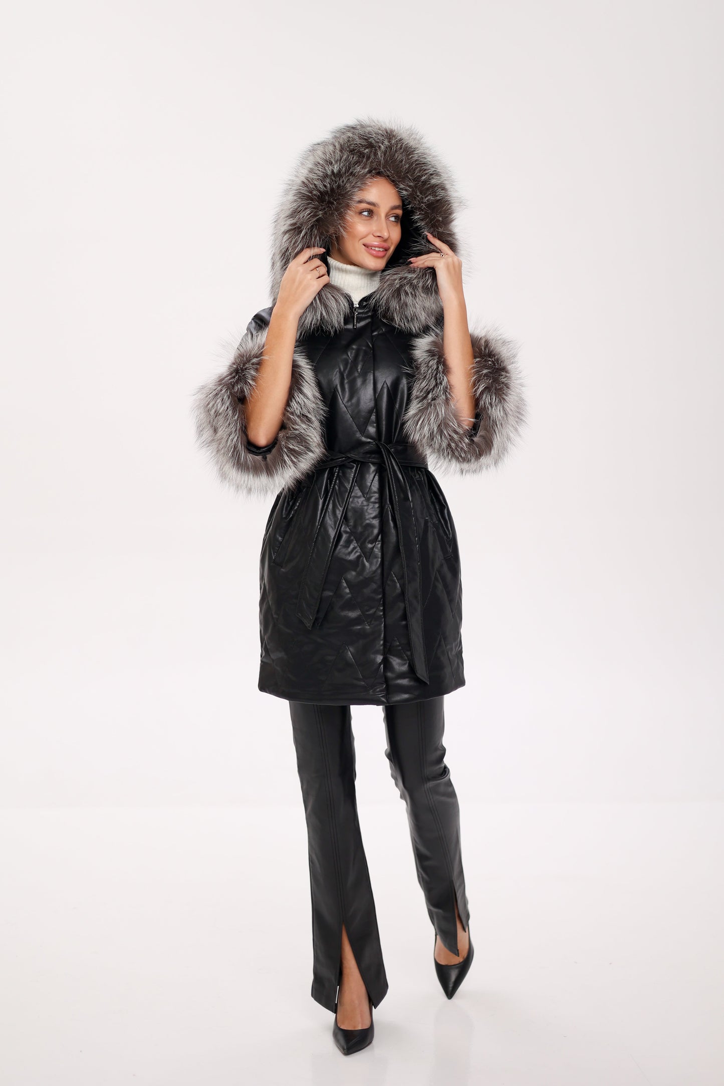 Genuine Silver Fox Eco-Leather Coat with Sleeve Extenders