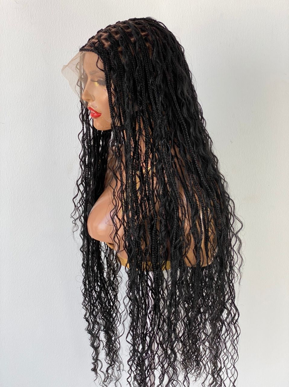 Bohemian Knotless Braided Wig, Swiss Full Lace, Black Color, Waist Length - READY TO SHIP