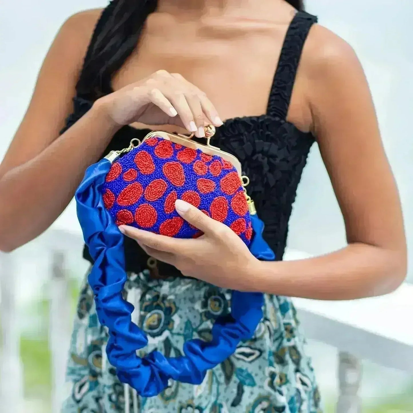 ARNOLDI Mandy Hand-beaded Clutch, in Savoy Blue & Red
