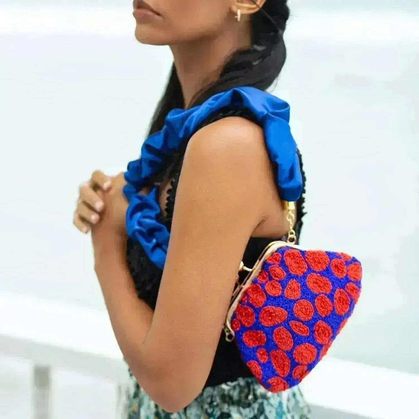 ARNOLDI Mandy Hand-beaded Clutch, in Savoy Blue & Red