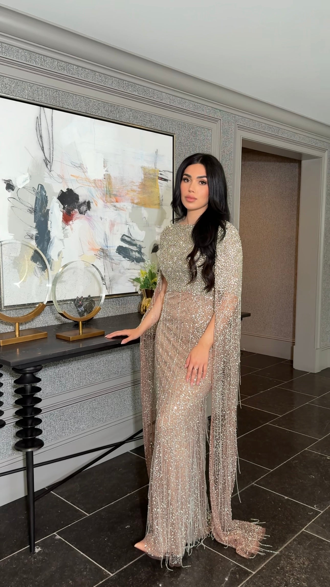 Aleya Drape Cape Sleeve Beaded Dress