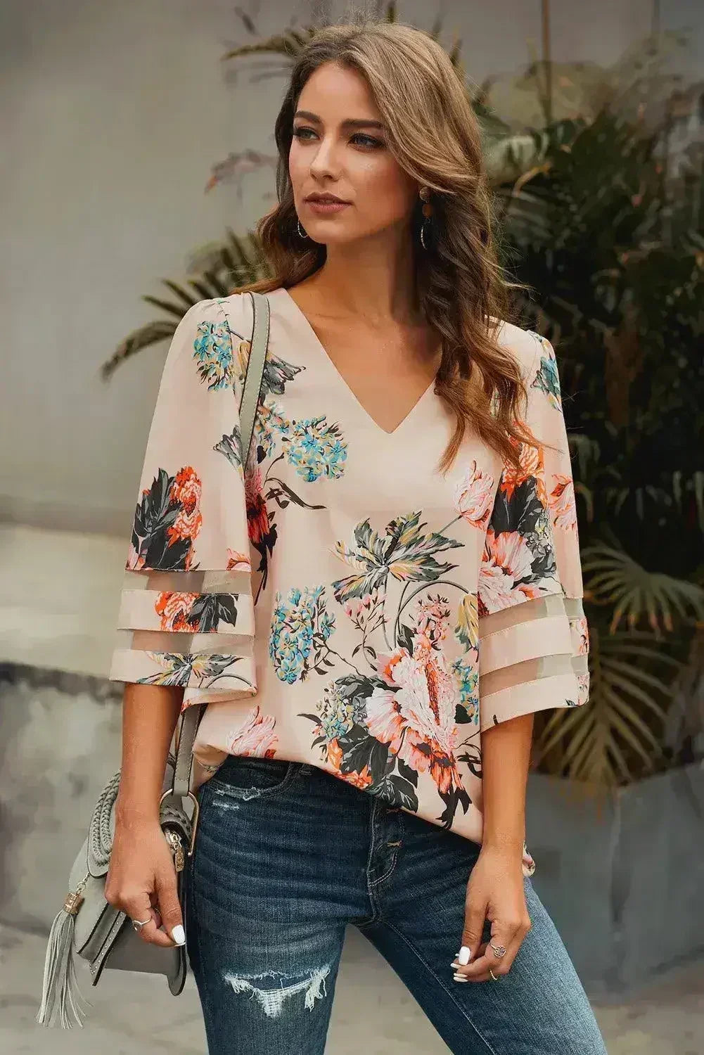 Apricot 3/4 Flared Sleeve Floral Chiffon Blouse – Stylish & Breathable