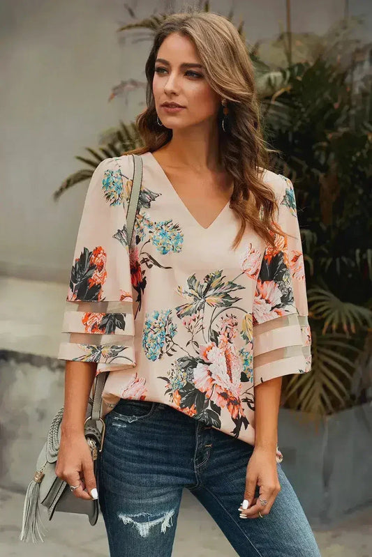 Apricot 3/4 Flared Sleeve Floral Chiffon Blouse – Stylish & Breathable
