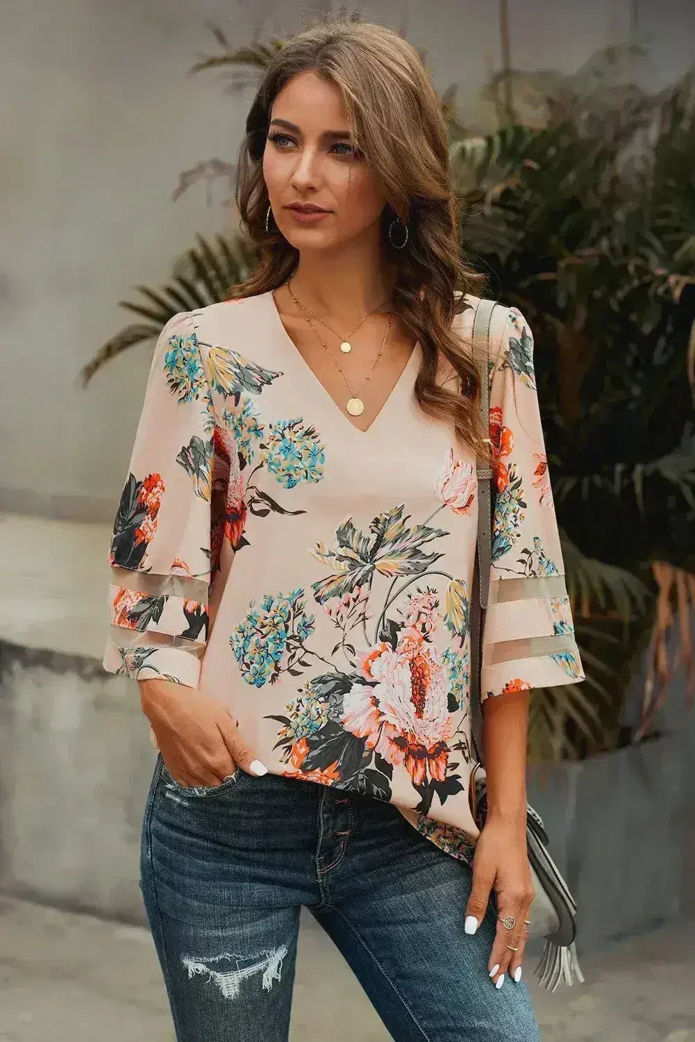 Apricot 3/4 Flared Sleeve Floral Chiffon Blouse – Stylish & Breathable