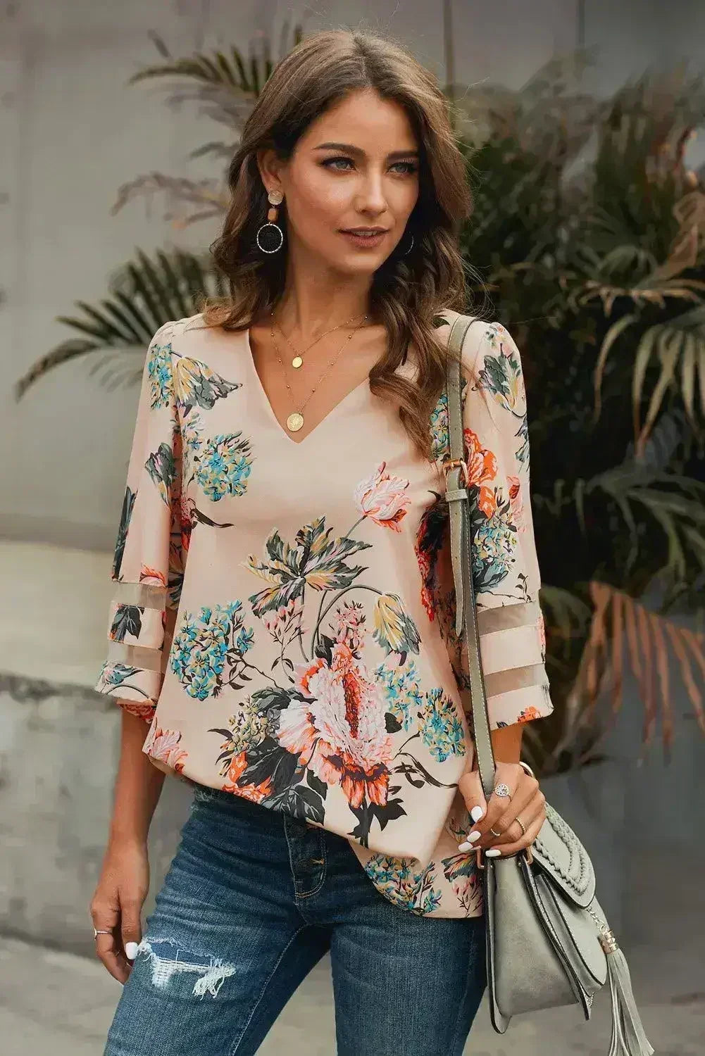 Apricot 3/4 Flared Sleeve Floral Chiffon Blouse – Stylish & Breathable