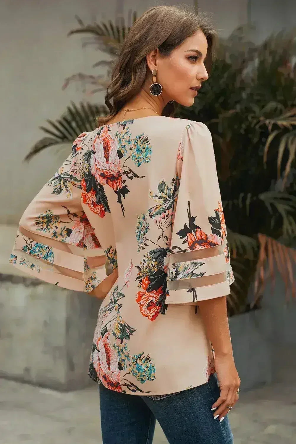 Apricot 3/4 Flared Sleeve Floral Chiffon Blouse – Stylish & Breathable
