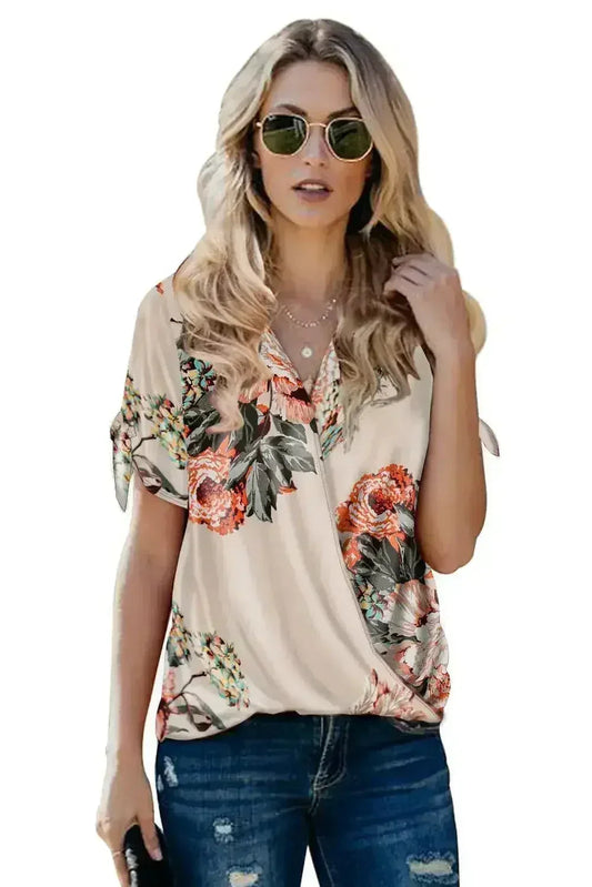 Apricot Floral Twist Short Sleeve Blouse Women’s Top | Femstylo
