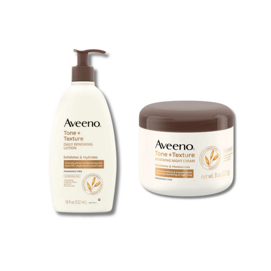 Aveeno Tone + Texture Lotion Corps Exfoliante et Hydratante Quotidienne 532 ml et Crème Corps Nuit Hydratante 227 g 