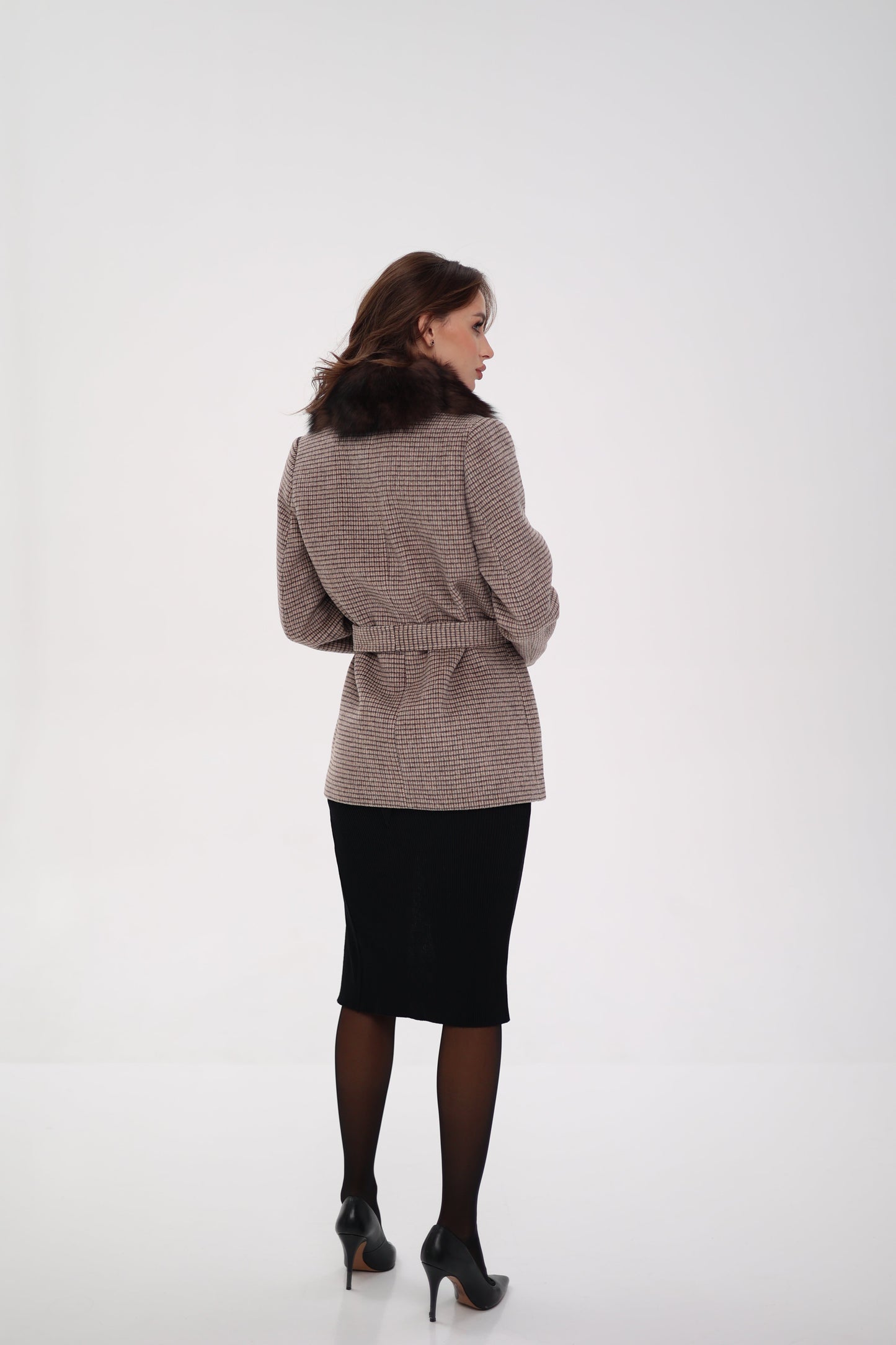 Manteau en véritable fourrure de renard polaire et laine vierge beige foncé