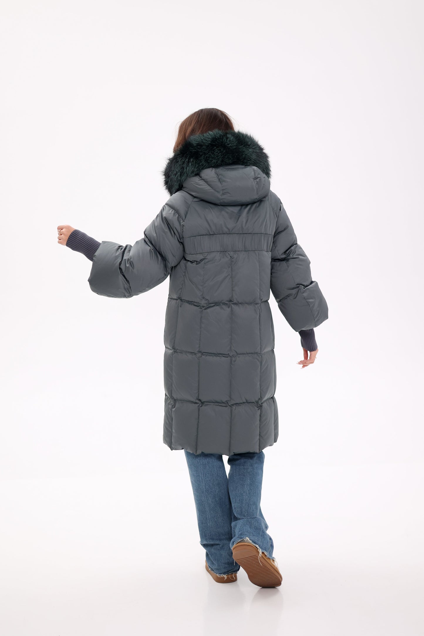 Genuine Silver Fox Fur Trim Down Coat in Forest Slate