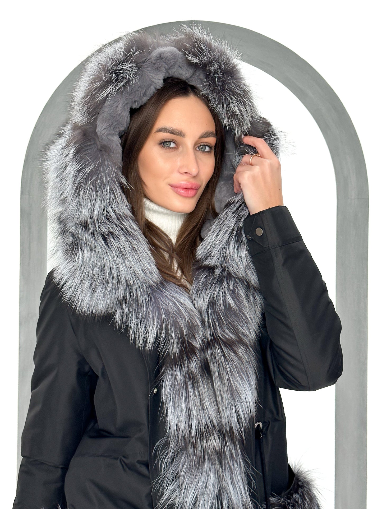 Roma Genuine Silver Fox Fur Rabbit Fur Insulated Parka in Red
