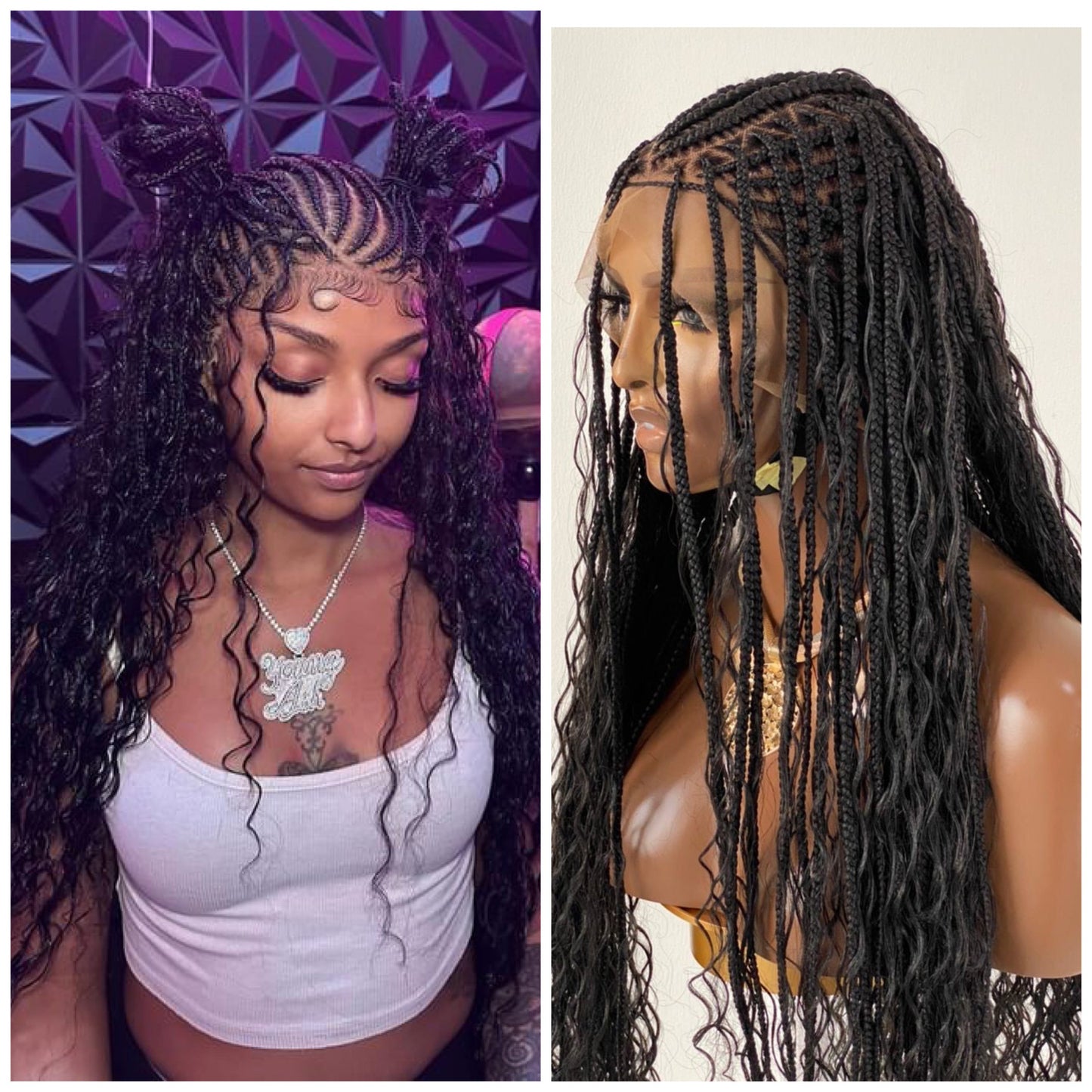 Crush Bohemian Cornrow Braided Wig, Swiss Full Lace, Black Color, Waist Length, Standard Density.
