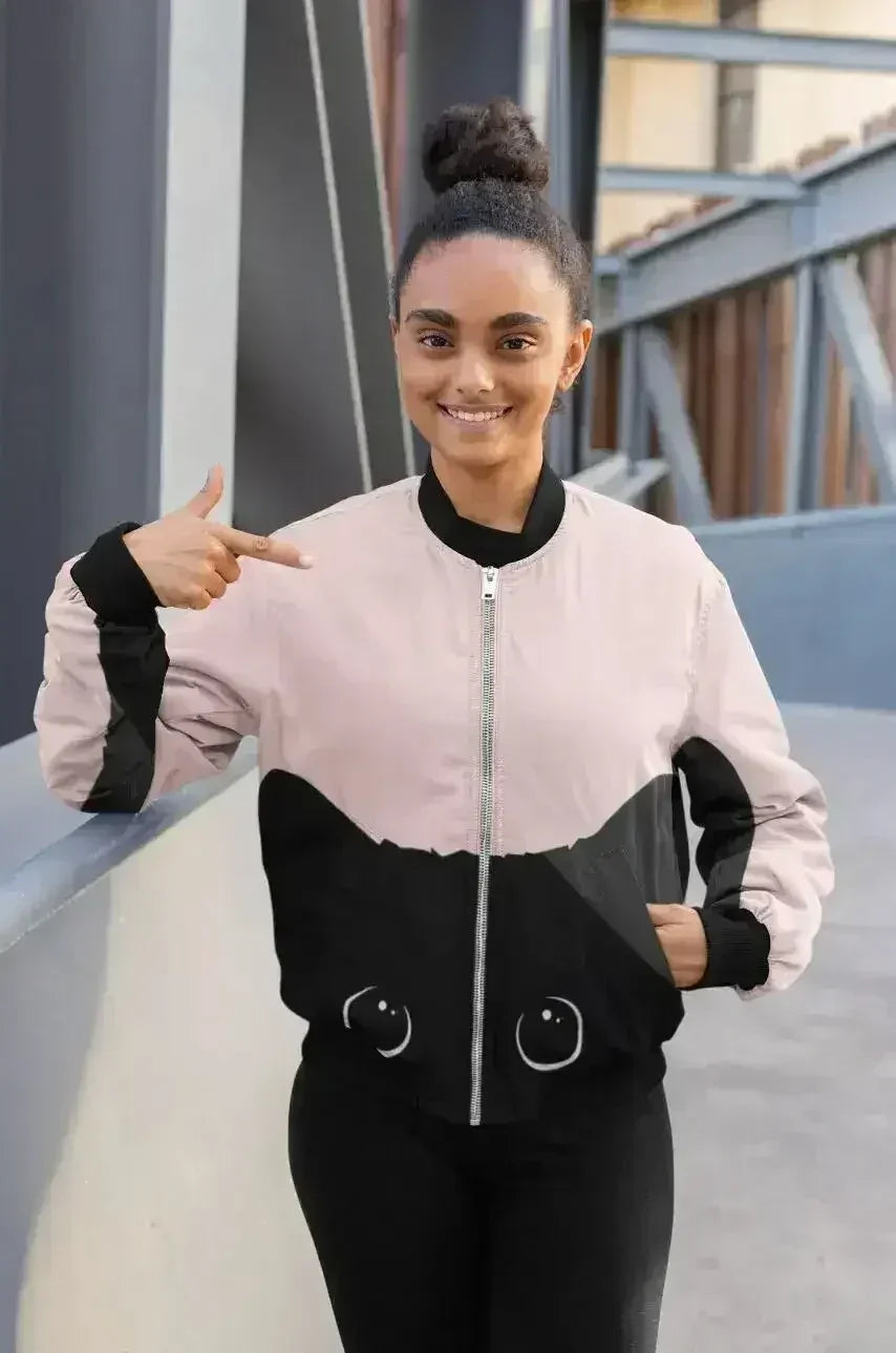 Black Cat on Pink Background Bomber Jacket
