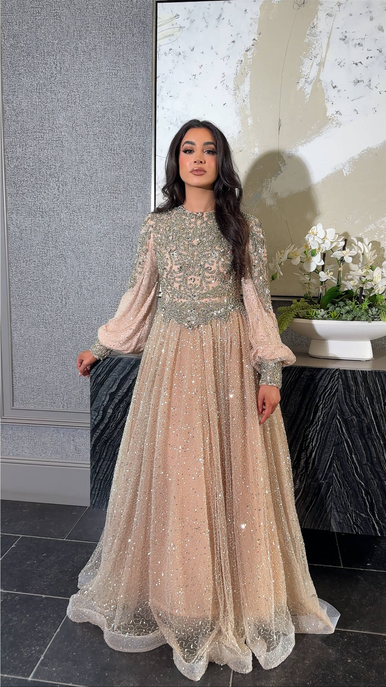 Bashira Long Sleeve Embellished Sequin Modest Ball Gown