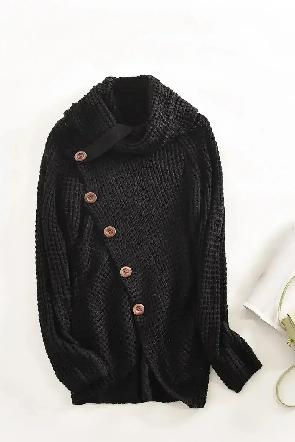 Black Buttoned Wrap Turtleneck Sweater