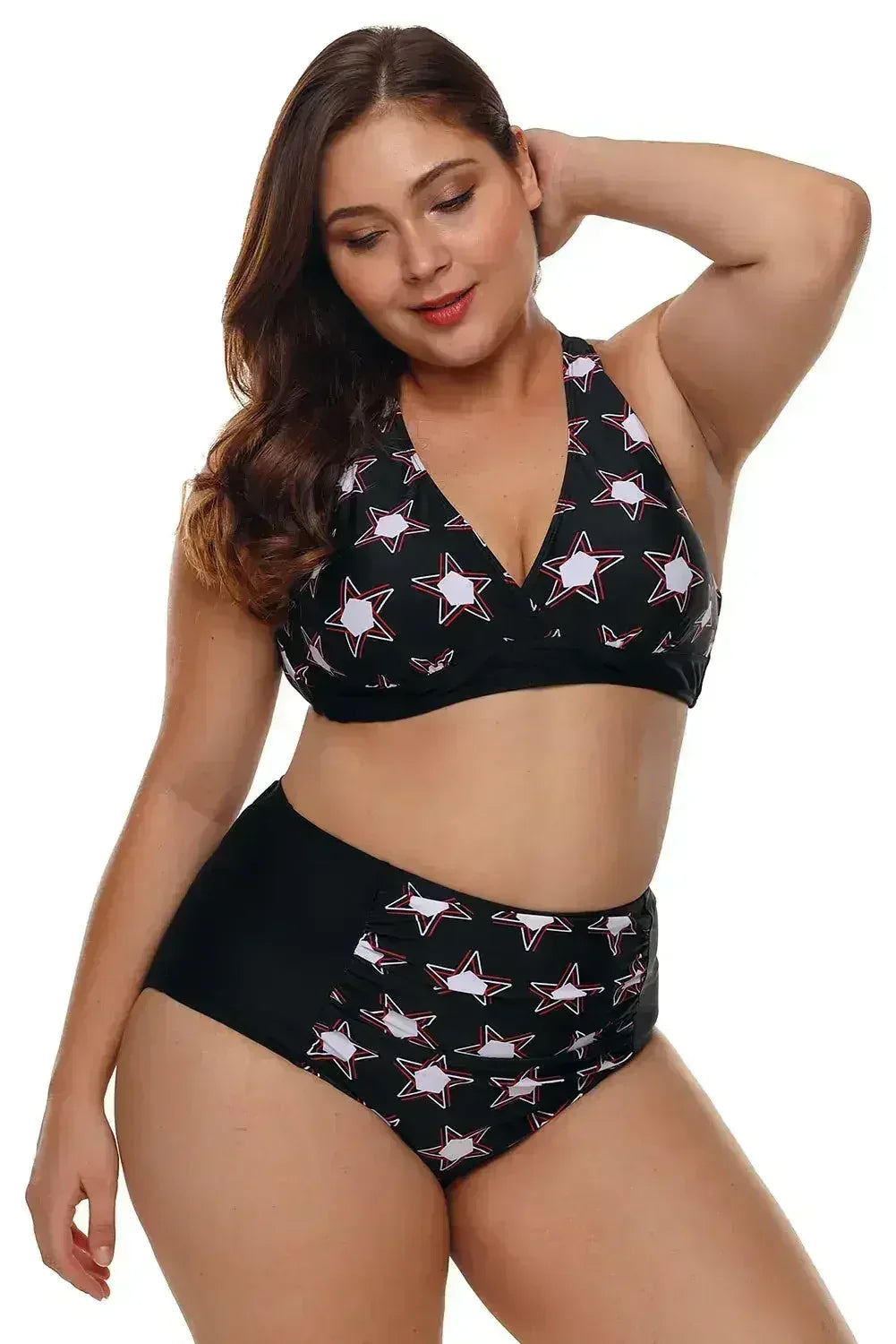 Black 2pcs Starry Plus Size High Waisted Bathing Suit