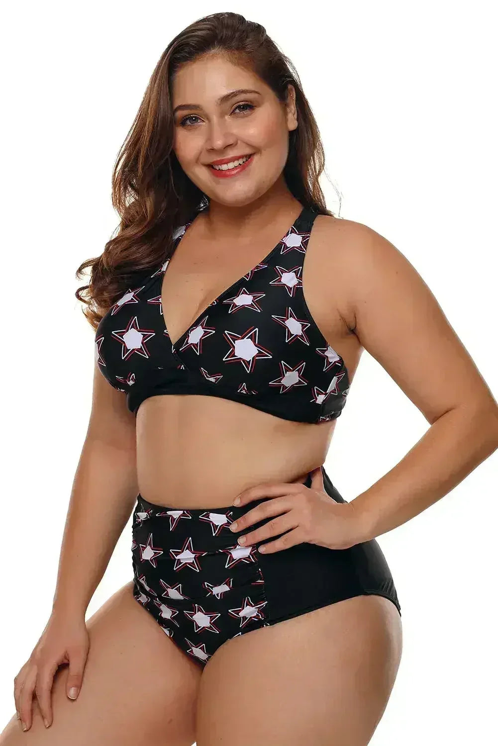 Black 2pcs Starry Plus Size High Waisted Bathing Suit