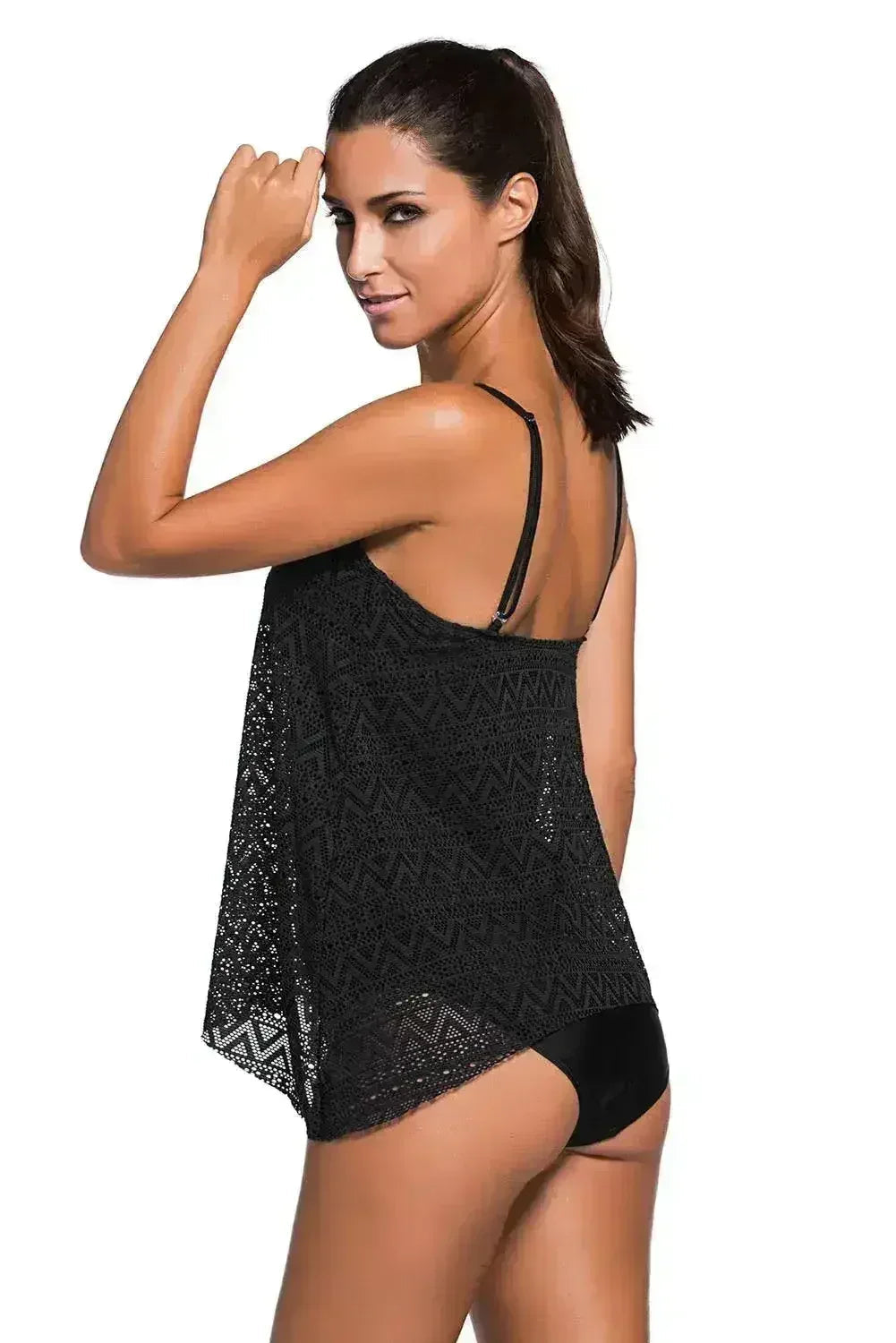 Black Lace Overlay Spaghetti Straps Tankini Swimsuit