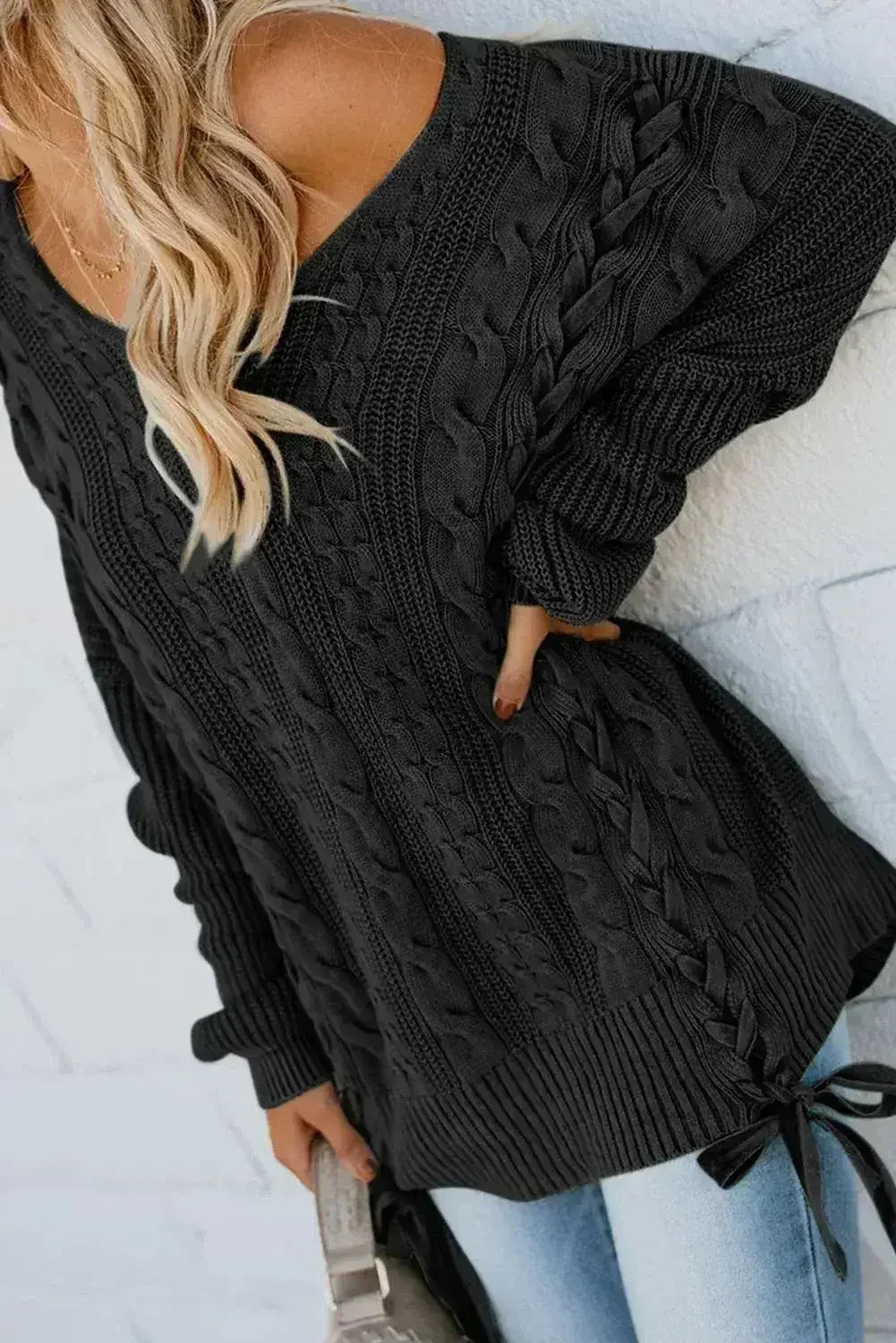 Black Love Letters Lace Up Cable Knit Sweater