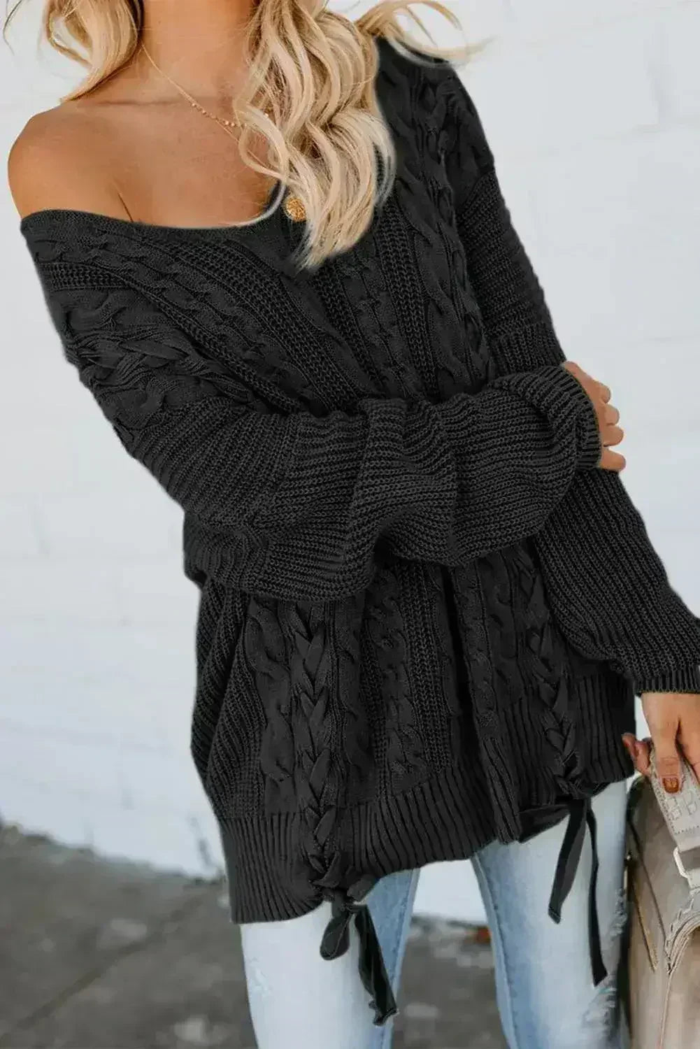 Black Love Letters Lace Up Cable Knit Sweater